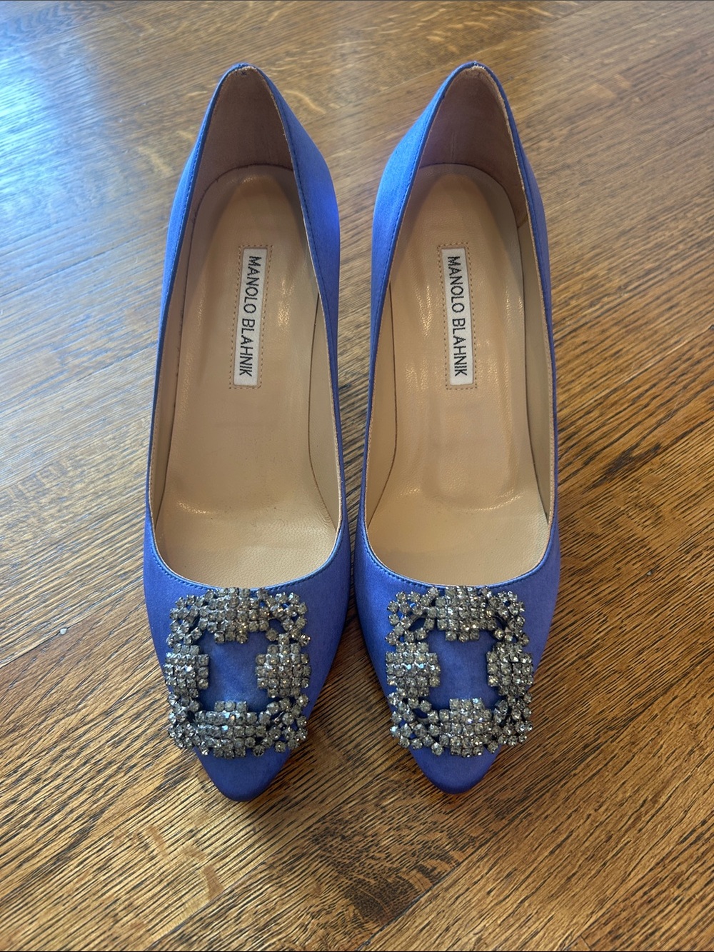 Manolo Blahnik Royal Blue Crystal-Buckle Satin Pumps 38. 70mm heel